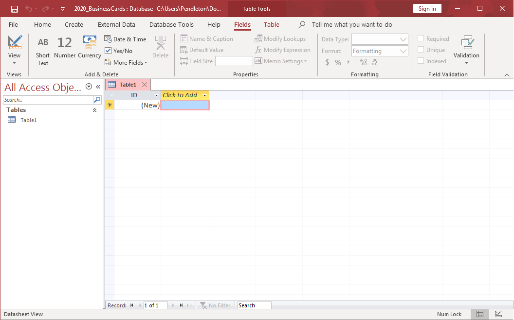 A blank table in Microsoft Access