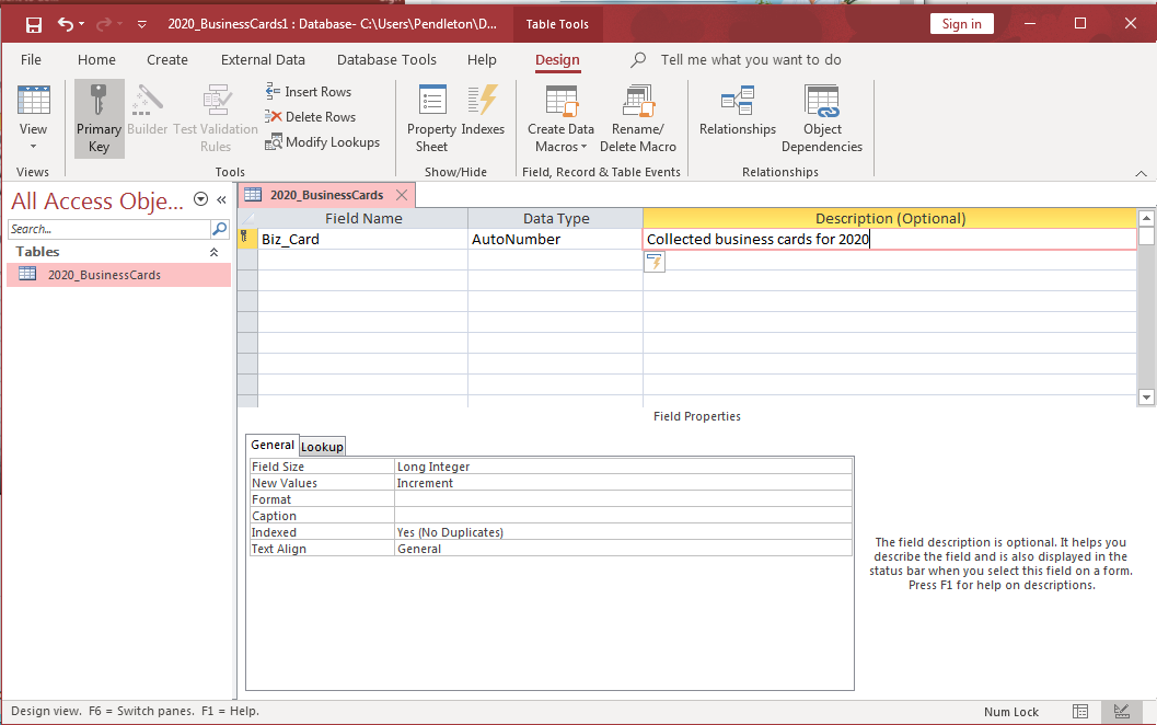 A database in Microsoft Access with one row filled out. The cell underneath "Field Name" reads "Biz_Card". The cell underneath Data Type reads "AutoNumber". The cell underneath Description (Optional) reads "Collected business cards for 2020". The "General" tab is selected for the dialogue box at the bottom of the page and the cell next to "Indexed" reads "Yes (No duplicates)".