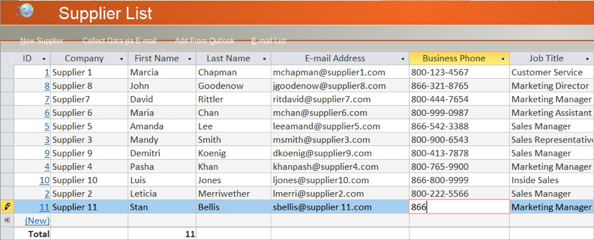 Microsoft Access spreadsheet "Supplier List". Row 11 Column "Business Phone" is selected and being edited. A pencil icon is to the left of the row ID, indicating that row 11 is being edited.