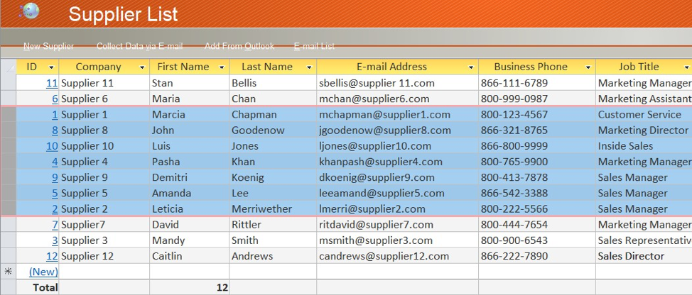 Speadsheet "Supplier List" shows a group of records selected, indicated by a blue shading with an orange covering a group of 7 records.