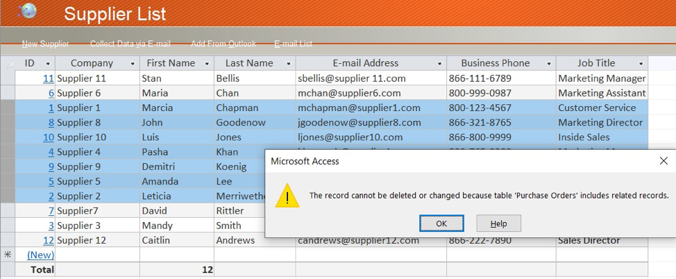 Multiple records selected with a pop-up window that reads "The record cannot be deleted or changed because table "Purchase Orders" includes related records.