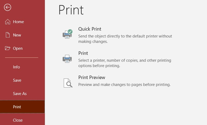 "Print" Dialogue box with the following options: Quick Print, Print, and Print Preview.