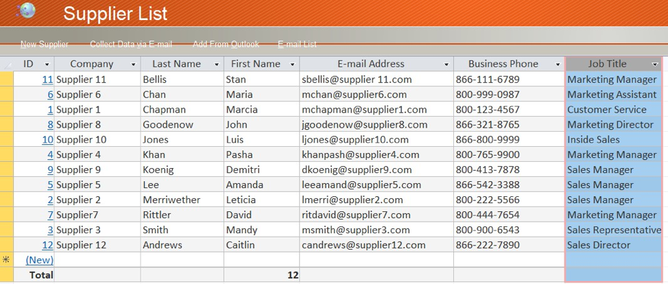 "Supplier List" spreadsheet with Job Title column width adjusted so that the full job titles can be seen.