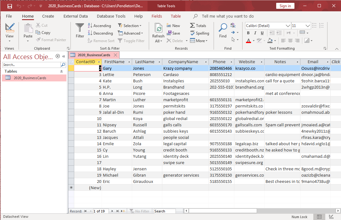 Access database table open with first cell in ContactID column selected.