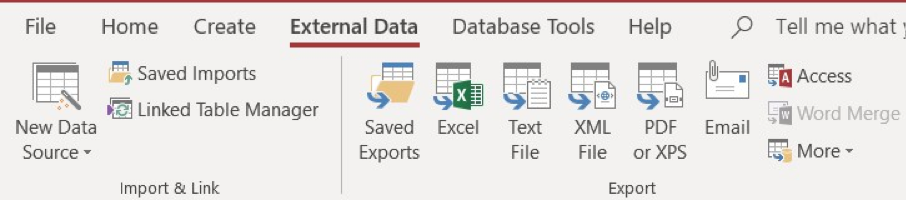 Microsoft access toolbar with "External Data" selected and the following buttons available: New Data Source, Saved Imports, Linked Table Manager, Saved Exports, Excel, Text File, XML File, PDF or XPS, and Email.