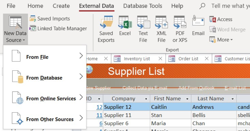 Microsoft access External Data toolbar with "New Data Source" selected and a dialogue box open with the following options: From File, From Database, From Online Services, and From Other Sources.