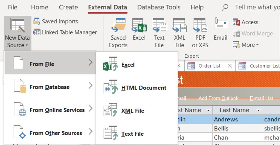 Microsoft access External Data toolbar with "New Data Source" selected and "From File" selected from the resulting dialogue box. Another dialogue box from "From File" shows the following options: Excel, HTML Document, XML File, and Text File.