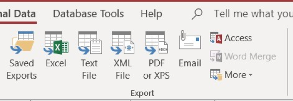 Microsoft access toolbar with "External Data" selected and zoomed in on the following buttons: Saved Exports, Excel, Text File, XML File, PDF or XPS, and Email.