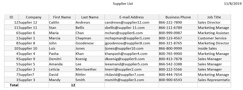 Data exported as PDF shows the table of records for the Supplier list. The data is presented as a table.