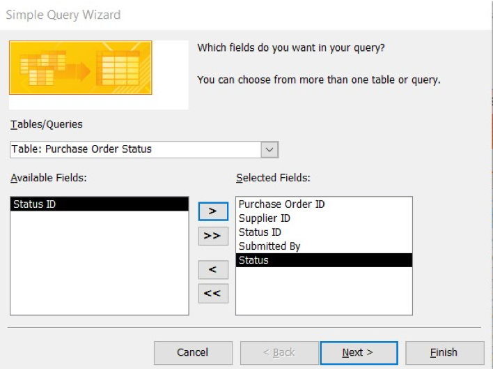 Simple Query Wizard window open showing identical information to the previous image but with the field "Status" in the Selected Fields box.