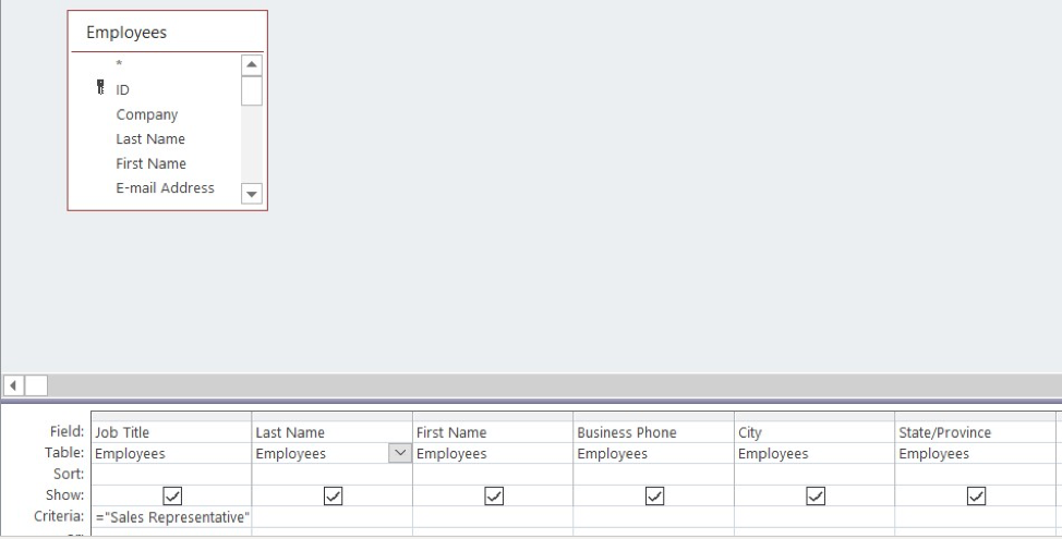 Employee table selected in "Database Designer" and "Sales Representative" is entered into the Criteria cell.