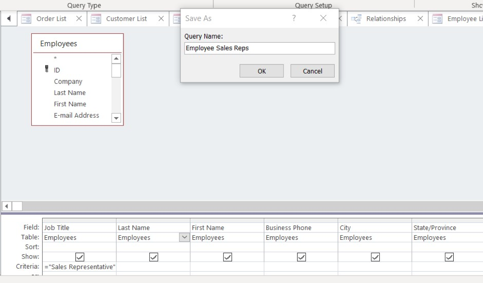 Save As window open with Query Name field populated with the text "Employee Sales Reps".