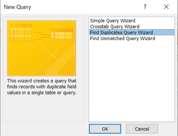 New Query Dialog box. Find Duplicates Query Wizard is selected.