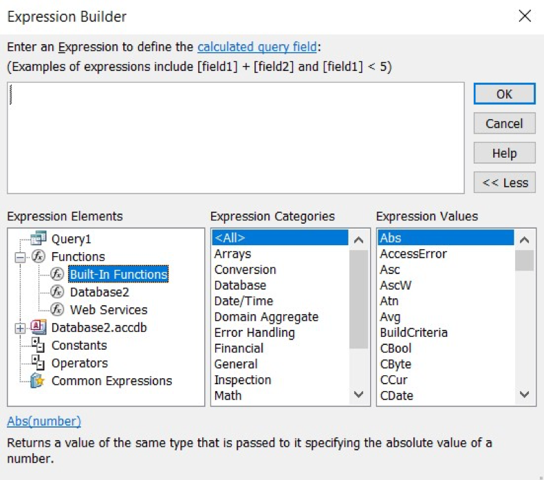 Expression Builder dialog box. The Expression box is empty. There are boxes to select Expression Elements and Values below.