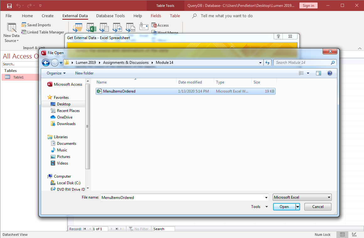 Two overlapping dialog boxes in Microsoft Access. The Get External Data - Excel Spreadsheet dialog box is mostly hidden by the File Open Dialog box.