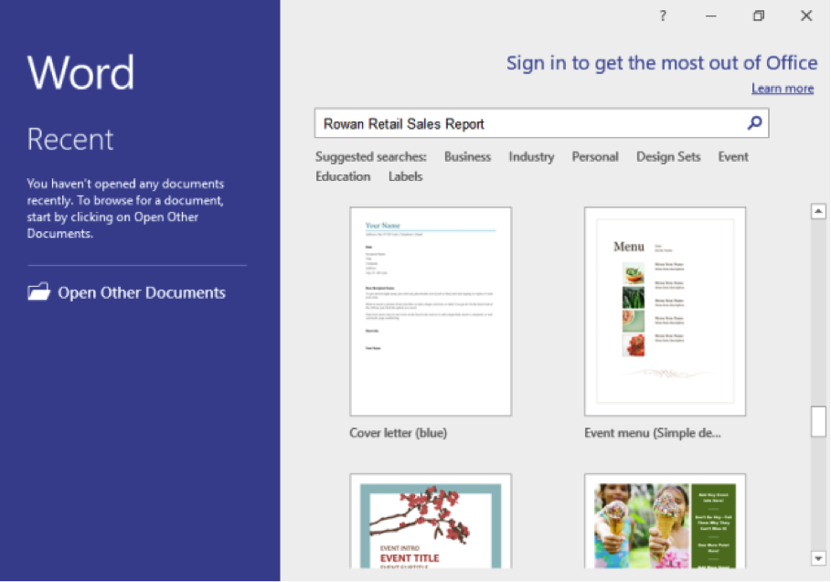 A Microsoft Word backstage view is open. A search for a template has been entered as "Rowan Retail Sales Report".