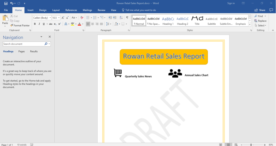 A Microsoft Word document is open with a sales report displayed. The navigation menu has been opened up to the left of the content.