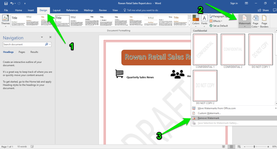 A Microsoft Word document is open with a sales report displayed. The navigation menu has been opened up to the left of the content. There is a green arrow pointing at the design tab in the ribbon menu. A second green arrow is pointing at the option to watermark the document. A third green arrow points in the direction of where to remove a watermark.