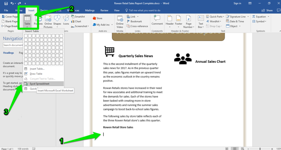 A Microsoft Word document is open with a sales report displayed. The navigation menu has been opened up to the left of the content. There are three green arrows, the first is pointing at the cursor location. The second is pointing at the option to insert a table from the insert tab in the ribbon menu. The third green arrow is pointing at the option to insert an excel spreadsheet.