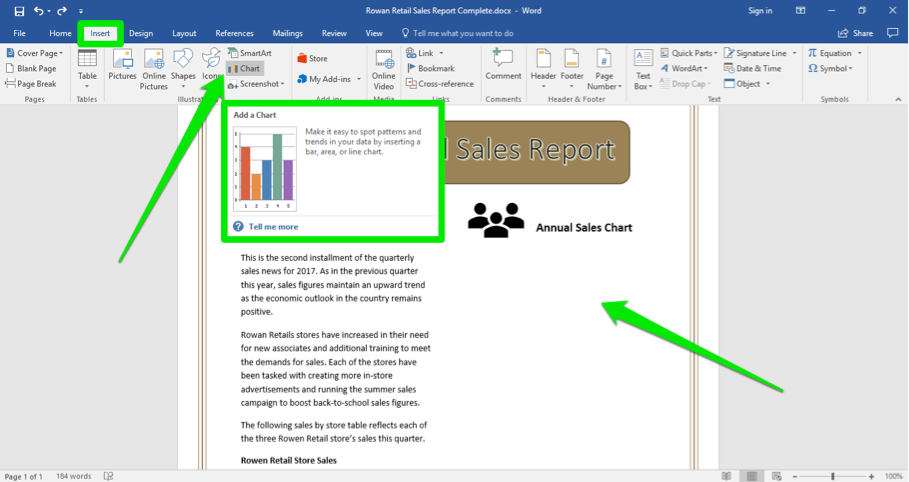 A word document is open with a sales report displayed. A green box is highlighting the insert tab on the ribbon menu. A green arrow is pointing at the option to add a chart and a second green arrow is pointing at a blank space on the word document
