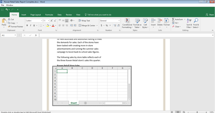 A Microsoft Word document is open with a sales report displayed. A blank excel spreadsheet has been inserted into the word document.