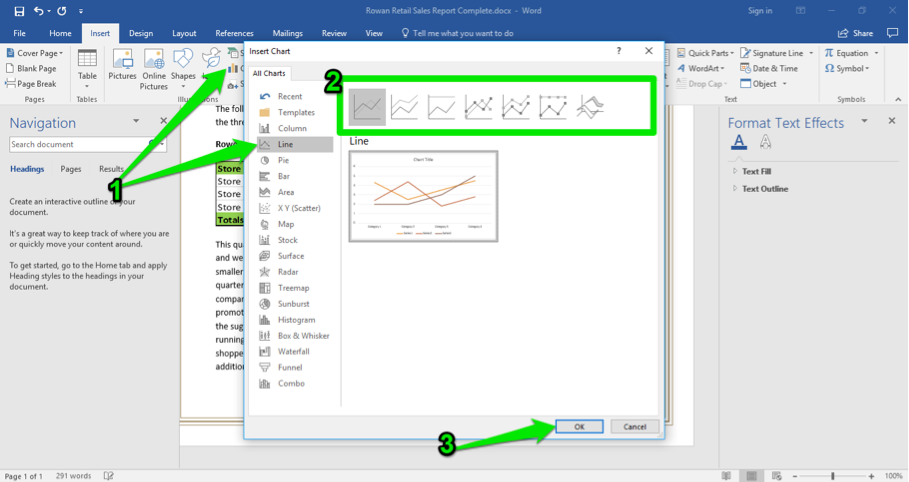 A Microsoft Word document is open with a sales report displayed. The navigation menu has been opened up to the left of the content. A green arrow points at a new insert chart pop up menu. A second green arrow is pointing at the option to insert a line chart and a third arrow is pointing at the ok button.