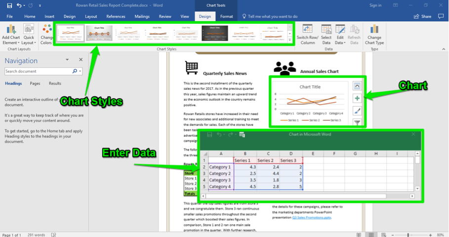 A Microsoft Word document is open with a sales report displayed. The navigation menu has been opened up to the left of the content. There are three green arrows, the first one is pointing at the chart styles, the second is pointing at a newly inserted chart, and the third is pointing at where to enter the data.