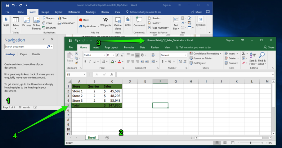 A Microsoft Word document is open with a sales report displayed. The navigation menu has been opened up to the left of the content. In a separate window an excel sheet has opened up. There are four green numbers showing the important parts of the display. The first is showing that the word document is open and active, the second shows that excel application is running. The third shows that the excel document is open and the fourth points to a sales table that has been entered into the excel spreadsheet.