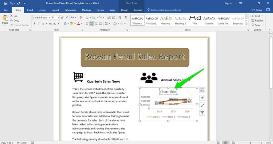 A Microsoft Word document is open with a sales report displayed. A green arrow is pointing at the chart title of the newly inserted chart.