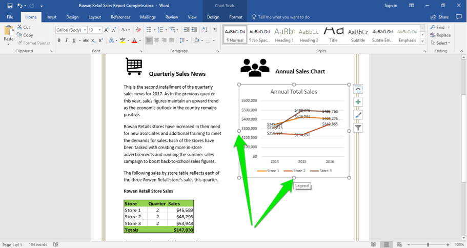 A Microsoft Word document is open with a sales report displayed. There are two green arrows pointing at the bottom and left of the chart that has been inserted on the line chart. These two arrows point out how to resize the chart.