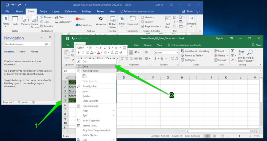 A Microsoft Word document is open with a sales report displayed. The navigation menu has been opened up to the left of the content. An excel sheet with data entered is open in front of the word document. There are two green numbers showing how to select a table and how to copy a table.
