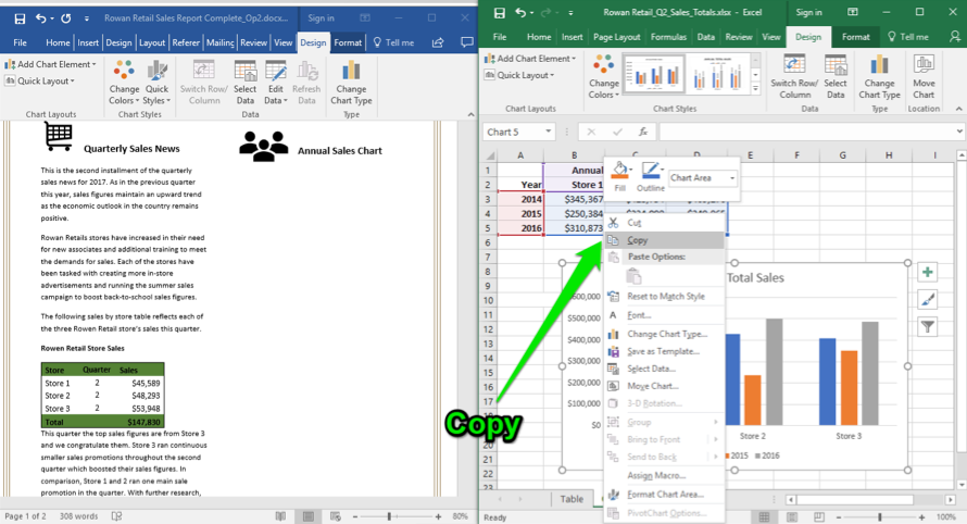 A Microsoft Word document is open with a sales report displayed. An excel sheet with data entered is open to the right of the word document. A green arrow is pointing at the excel sheet and at the option to copy to spreadsheet.