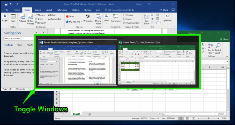 A Microsoft Word document is open with a sales report displayed. The navigation menu has been opened up to the left of the content. An excel sheet with data entered is open in front of the word document. A feature to toggle between the two windows has opened up in front of the microsoft excel sheet and word document.
