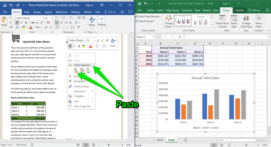 A Microsoft Word document is open with a sales report displayed. An excel sheet with data entered is open to the right of the word document. A green arrow is pointing at the word document showing where to paste the recently copied excel sheet.