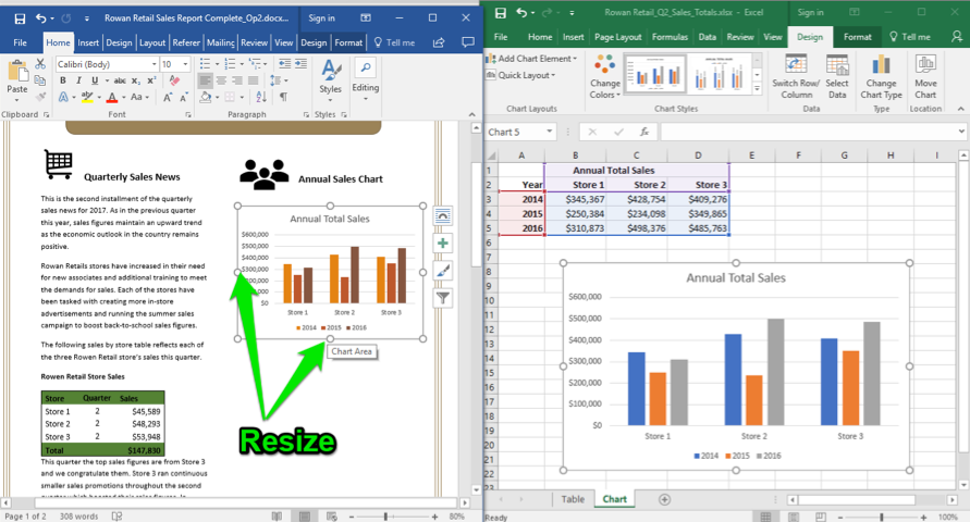A Microsoft Word document is open with a sales report displayed. An excel sheet with data entered is open to the right of the word document. Two green arrows are pointing at the bottom and left of the newly pasted excel chart in the word document, they are showing how to resize the chart.