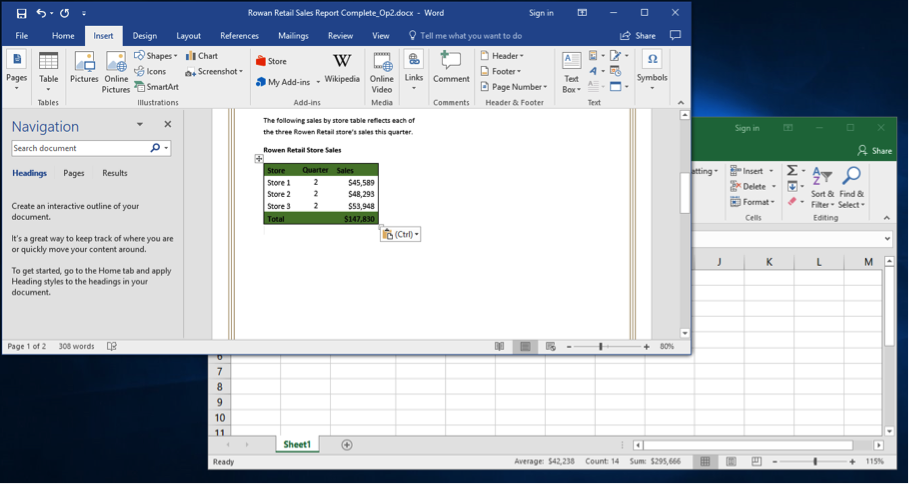 A Microsoft Word document is open with a sales report displayed. The navigation menu has been opened up to the left of the content. An excel sheet with data entered is open behind of the word document. An excel sheet has been pasted into the word document.