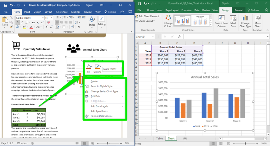 A Microsoft Word document is open with a sales report displayed. An excel sheet with data entered is open to the right of the word document. A green arrow points at a pop up window in the word document showing how you can change your chart.