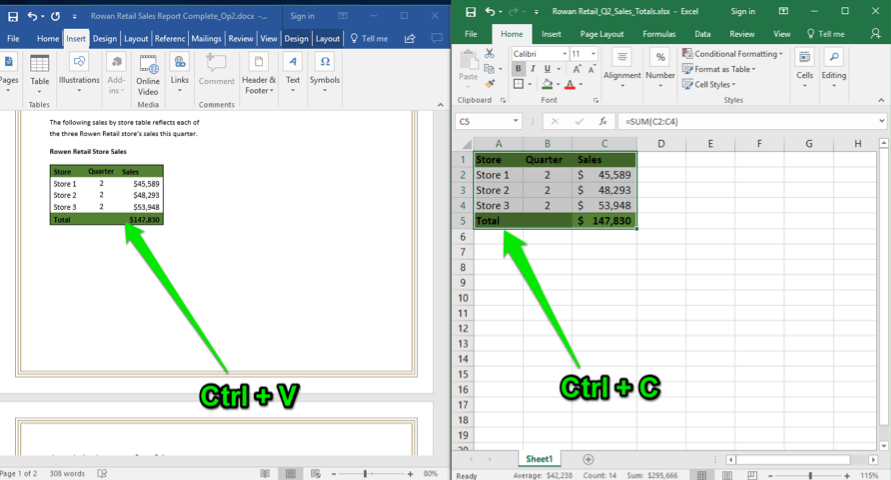 A Microsoft Word document is open with a sales report displayed. The navigation menu has been opened up to the left of the content. An excel sheet with data entered is open to the right of the word document.