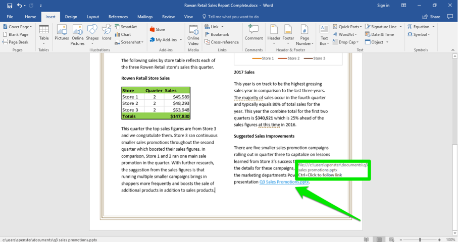 A Microsoft Word document is open with a sales report displayed. A green box highlights where a new link has been inserted.