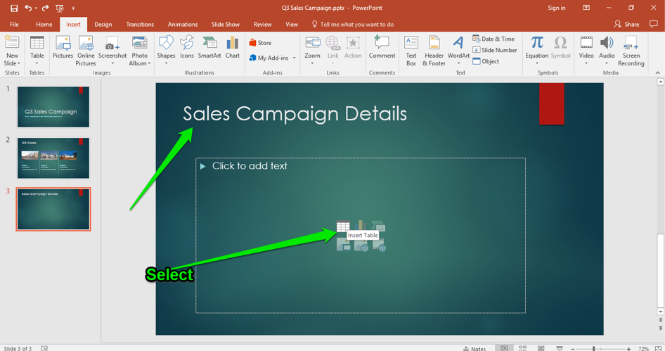 A Microsoft Powerpoint for a sales campaign is displayed. There are two green arrows displayed, the first shows where the title of the slide is and the second points at where the insert icon is.