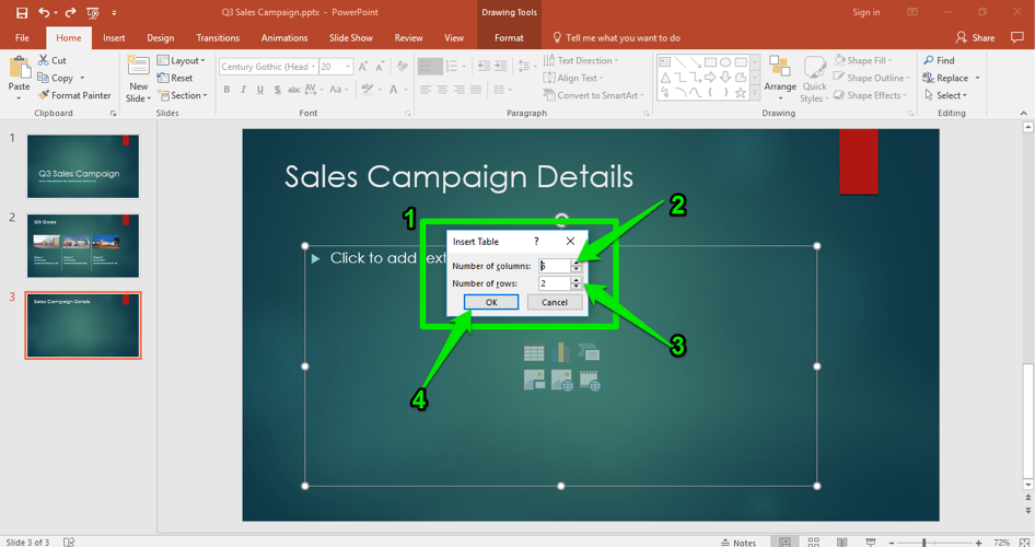 A Microsoft Powerpoint for a sales campaign is displayed. There are four green numbers on the slide, the first one shows where to insert the table box. The second number shows where to insert columns, the third where to enter the number of rows and the fourth where the ok button is to accept the changes.