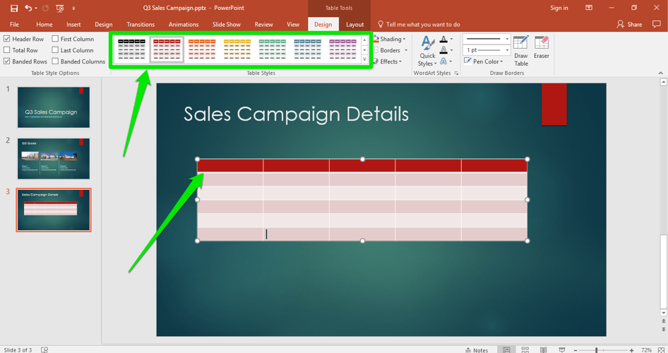 A Microsoft Powerpoint for a sales campaign is displayed. There are two green arrows displayed, the first one is pointing at the design tab in the ribbon menu where a specific table has been selected and the second points at where to insert data into the table.