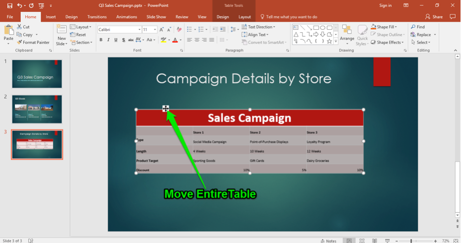 A Microsoft Powerpoint for a sales campaign is displayed. A table has been entered and there is a green arrow pointing at how to center the table on the slide.