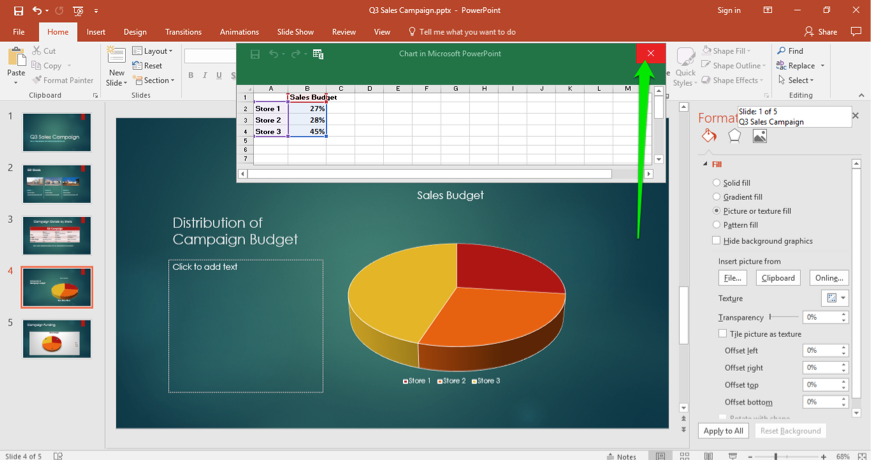 A Microsoft Powerpoint for a sales campaign is displayed. An excel sheet has been opened and is now displayed in front of the slides. A green arrow is pointing at the option to close from the excel sheet.