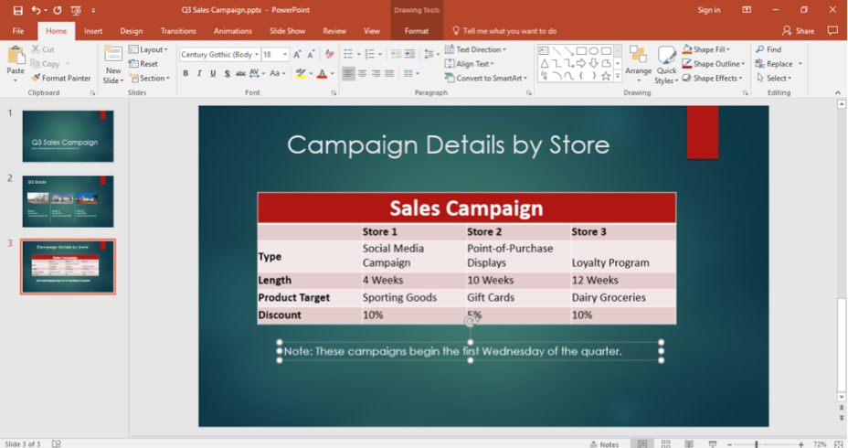 A Microsoft Powerpoint for a sales campaign is displayed. A table has been entered and beneath the table a new text box has been inserted with a note.