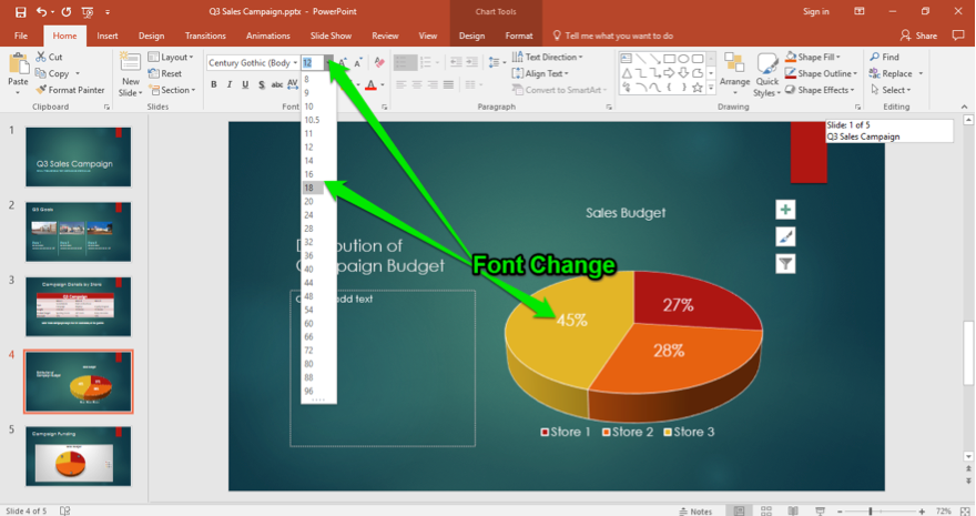 A Microsoft Powerpoint for a sales campaign is displayed. In the chart that has been inserted previously, there are two green arrows showing that the font size in the chart is being adjusted from size 12 to size 18.