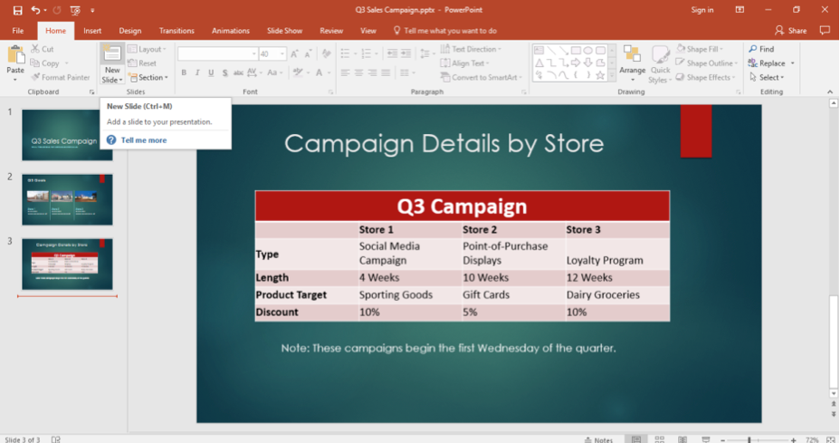 A Microsoft Powerpoint for a sales campaign is displayed. A table has been entered and the name of the table has been changed to Q3 Campaign.