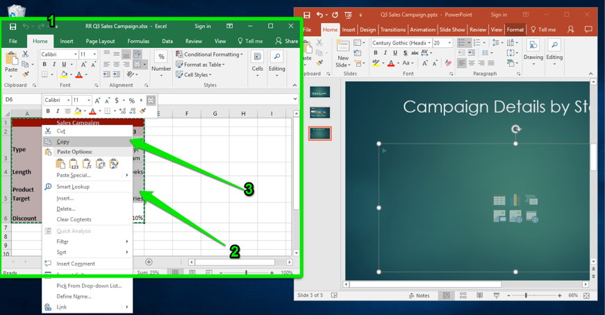 A Microsoft Powerpoint for a sales campaign is displayed with a microsoft excel sheet directly to its left. There are three green numbers on the excel sheet, the first showing that the excel sheet has been selected. The second number shows that the table on the sheet has been selected and the third shows how to copy the excel table.