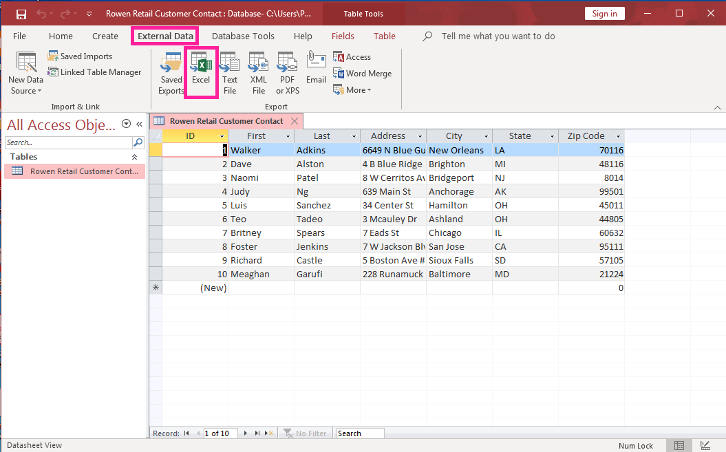 Access screenshot of customer database table and the External Data, Excel button highlighted.