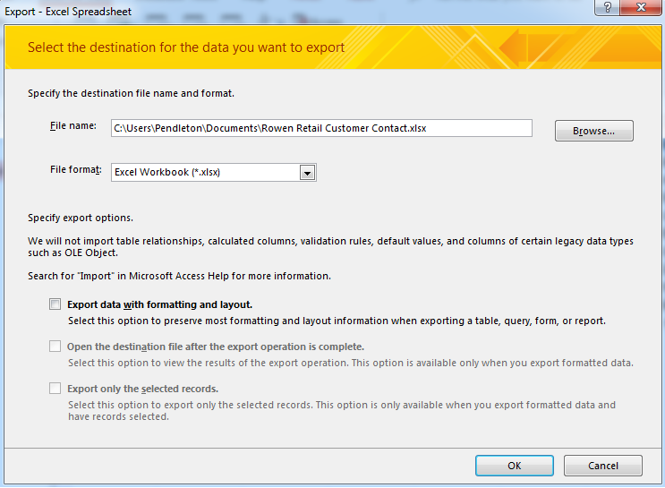 Access screenshot of export to excel spreadsheet wizard window open.